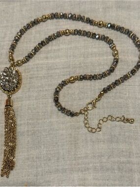 Vintage Geode- Like Druzy Pendant Necklace with Tassel and Beaded Chain